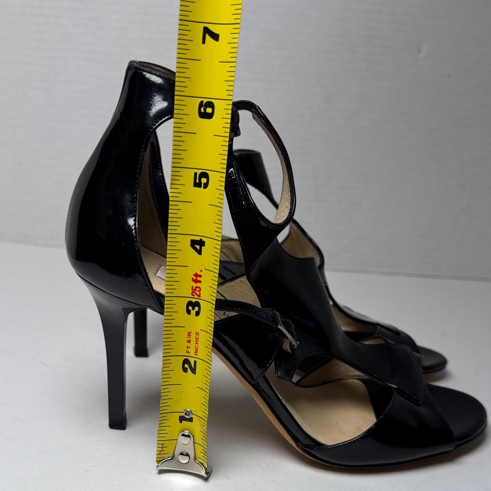 JIMMY CHOO Lotus Glossy Black Patent Leather Cut Out Strappy 3" Heels Size 36 - Picture 12 of 15